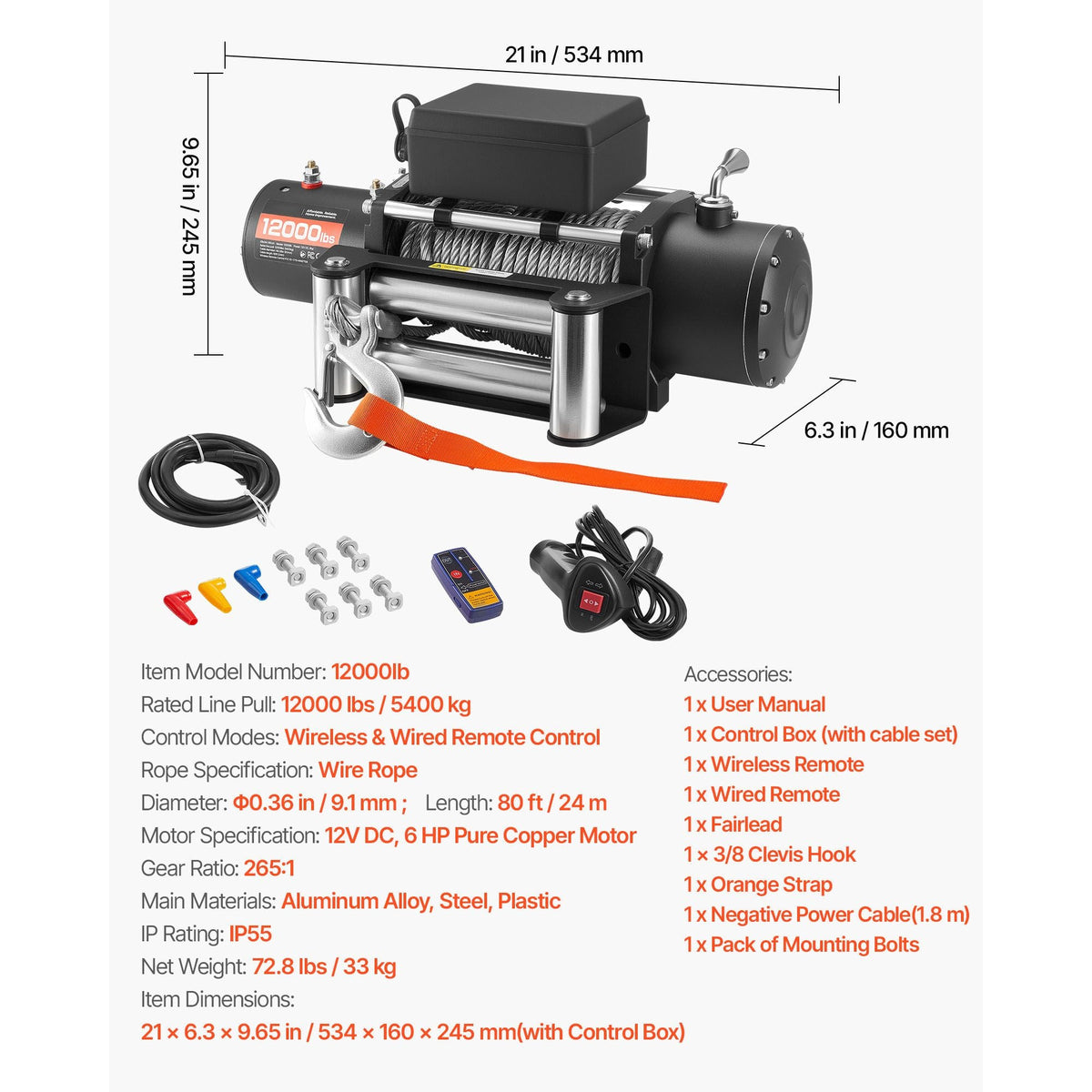 Electric Winch, 12000 lbs Load Capacity, 12V DC Truck Winch with Φ0.36 in x 80 ft Steel Rope, Wireless & Wired Remote Control, IP55 Waterproof for Towing SUV Jeep Trailer Boat Off-Road Vehicle