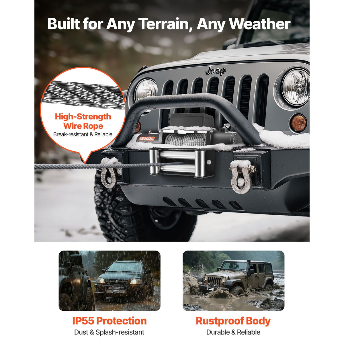 Electric Winch, 12000 lbs Load Capacity, 12V DC Truck Winch with Φ0.36 in x 80 ft Steel Rope, Wireless & Wired Remote Control, IP55 Waterproof for Towing SUV Jeep Trailer Boat Off-Road Vehicle