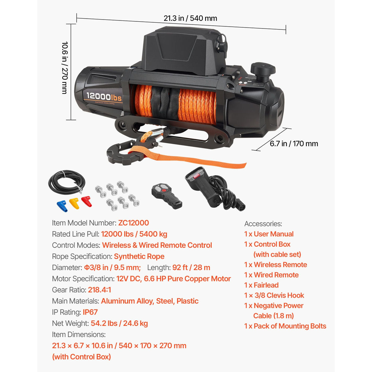 Electric Winch, 12000 lbs Load Capacity, 12V DC Truck Winch with Φ3/8 in x 92 ft Synthetic Rope, Wireless & Wired Remote Control, IP67 Waterproof for Towing Off-Road SUV Jeep Trailer Boat