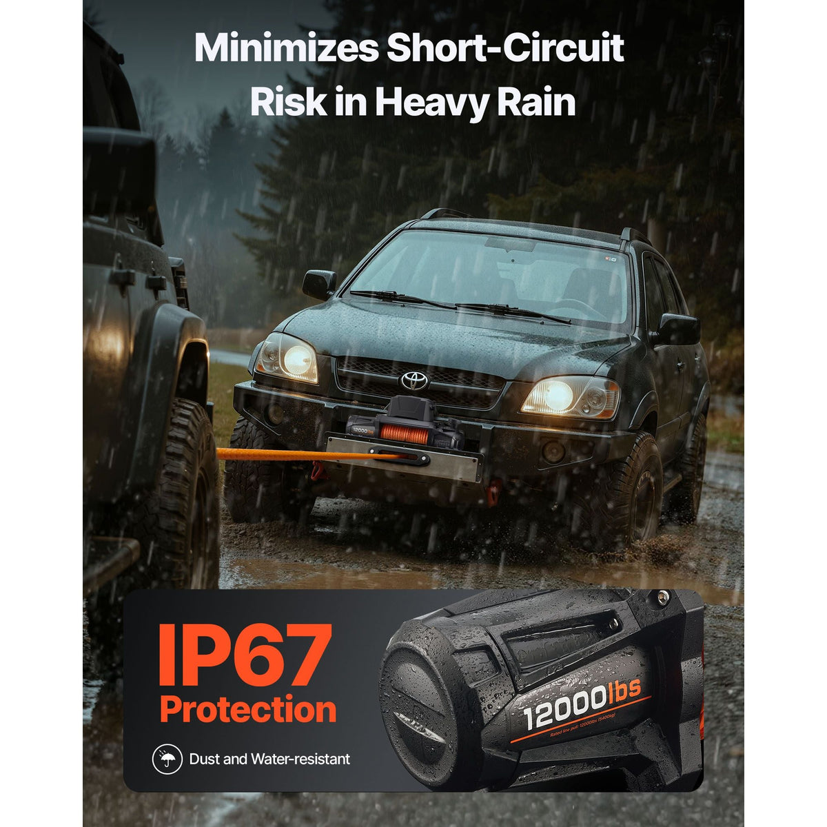 Electric Winch, 12000 lbs Load Capacity, 12V DC Truck Winch with Φ3/8 in x 92 ft Synthetic Rope, Wireless & Wired Remote Control, IP67 Waterproof for Towing Off-Road SUV Jeep Trailer Boat