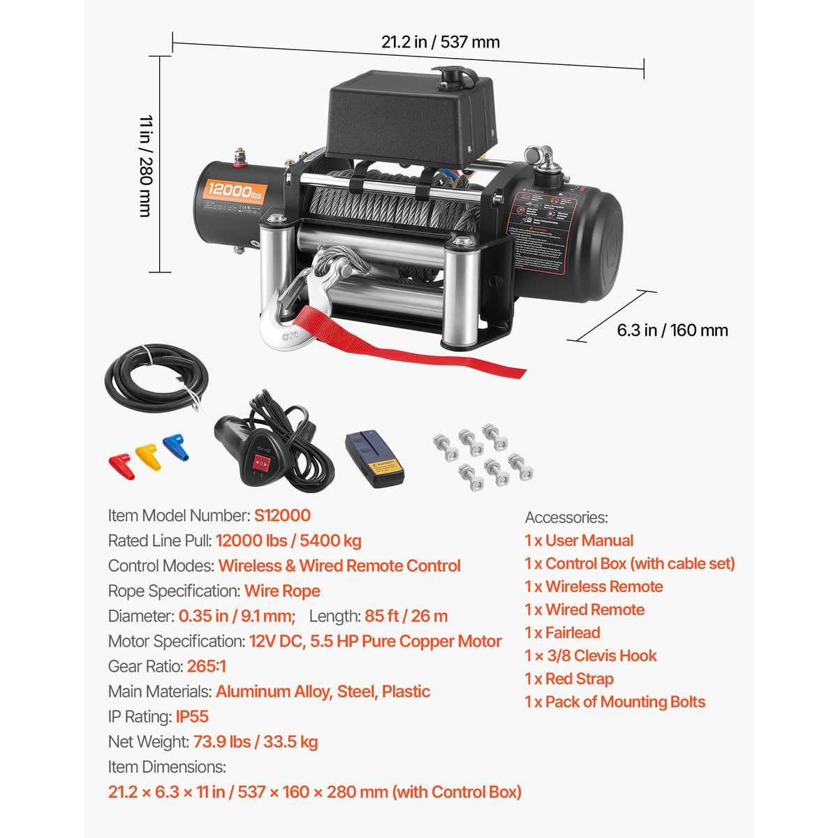 Electric Winch, 12000 lbs Load Capacity, 12V DC Truck Winch with Φ7/20 in x 85 ft Steel Rope, Wireless & Wired Remote Control, Suitable for Towing SUV Jeep Trailer Boat Off-Road Vehicle