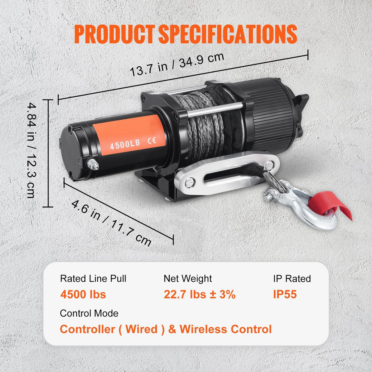 Electric Winch, 12V 4500 lb Load Capacity Nylon Rope Winch, IP55 1/4' x 39ft ATV UTV Winch with Wireless Handheld Remote & Hawse Fairlead for Towing Jeep Off-Road SUV Truck Car Trailer Boat