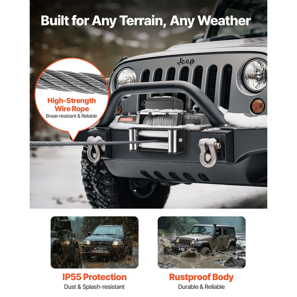 Electric Winch, 13500 lbs Load Capacity, 12V DC Truck Winch with Φ3/8 in x 80 ft Steel Rope, Wireless & Wired Remote Control, IP55 Waterproof for Towing SUV Jeep Trailer Boat Off-Road Vehicle