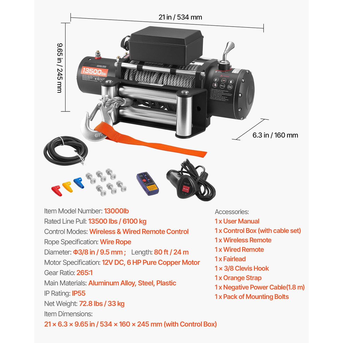 Electric Winch, 13500 lbs Load Capacity, 12V DC Truck Winch with Φ3/8 in x 80 ft Steel Rope, Wireless & Wired Remote Control, IP55 Waterproof for Towing SUV Jeep Trailer Boat Off-Road Vehicle