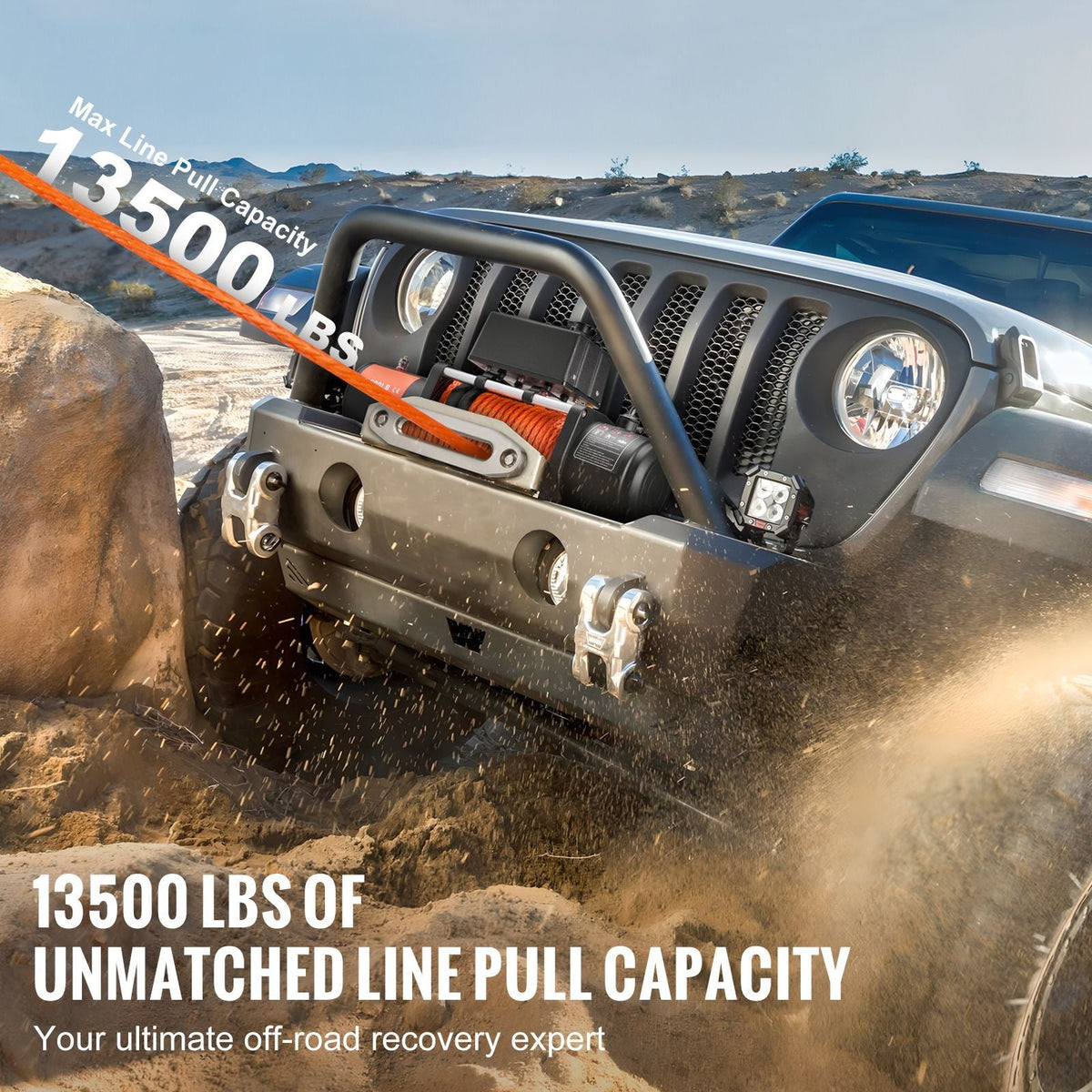 Electric Winch, 13500 lbs Load Capacity, 12V DC Truck Winch with Φ3/8 in x 80 ft Synthetic Rope, Wireless & Wired Remote Control, Suitable for Towing Off-Road SUV Jeep Trailer Boat