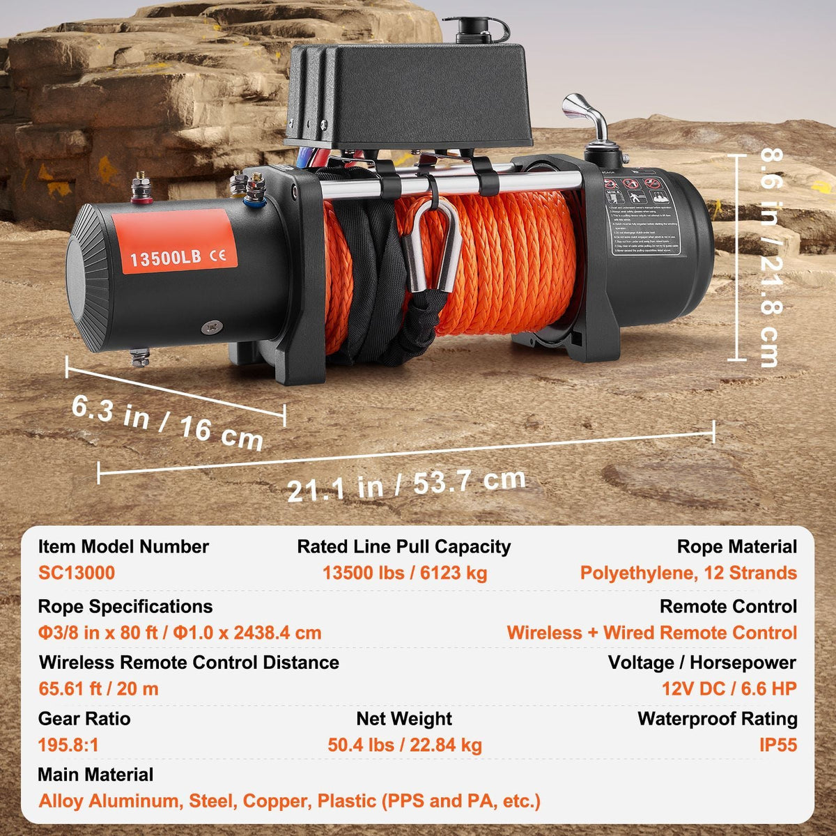Electric Winch, 13500 lbs Load Capacity, 12V DC Truck Winch with Φ3/8 in x 80 ft Synthetic Rope, Wireless & Wired Remote Control, Suitable for Towing Off-Road SUV Jeep Trailer Boat