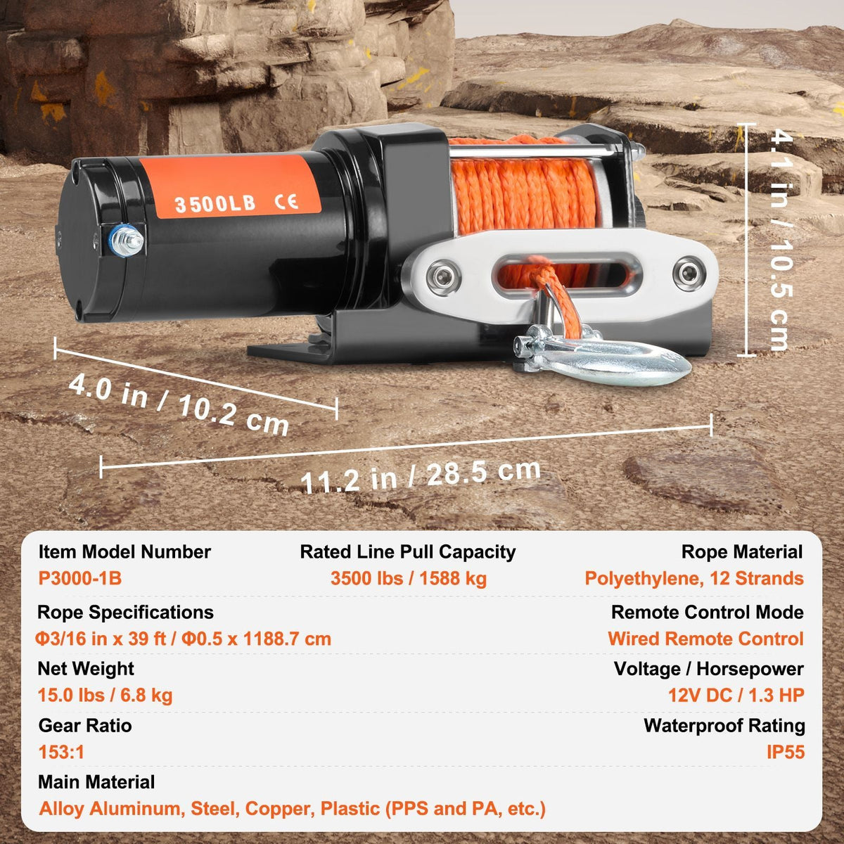 Electric Winch, 3500 lb Line Pull Capacity, 12V DC ATV/UTV Winch with Φ3/16 in x 39 ft 12 Strands Synthetic Rope Aluminum Fairlead Wired Remote Control, IP55 Waterproof for Towing UTV ATV Boat