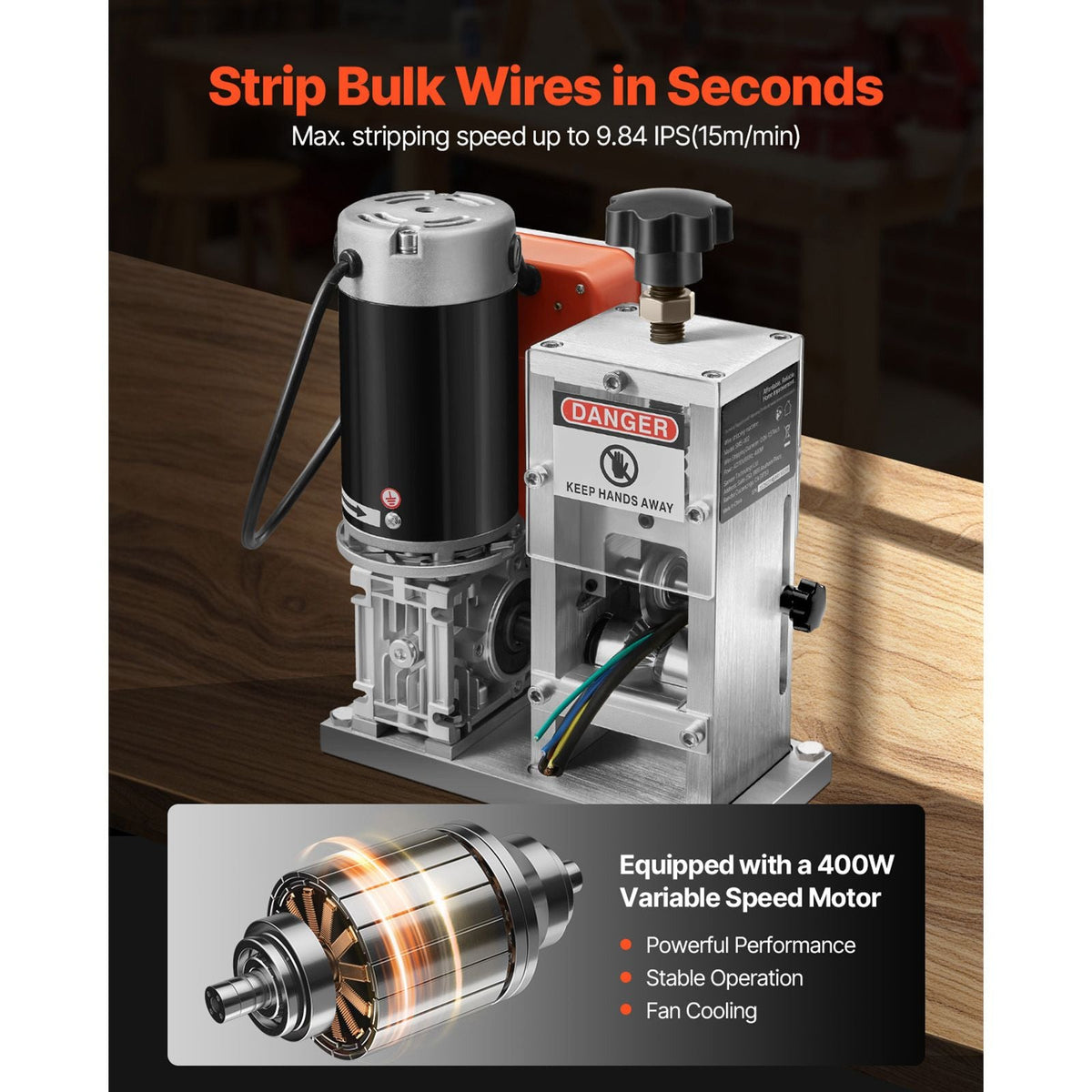 Electric Wire Stripping Machine, 0.06-1.57 in, 400W Automatic Motorized Cable Stripper, 9.84 IPS (15 m/min) Wire Peeler with Blades, V-Shaped Rollers, Cooling Fan, for Scrap Copper Recycling