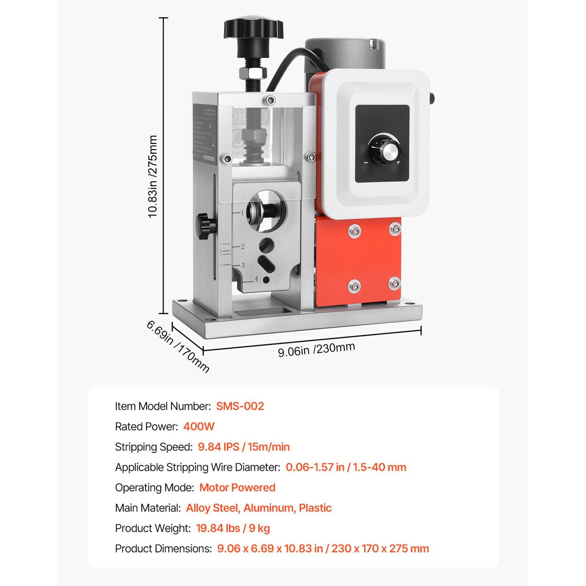 Electric Wire Stripping Machine, 0.06-1.57 in, 400W Automatic Motorized Cable Stripper, 9.84 IPS (15 m/min) Wire Peeler with Blades, V-Shaped Rollers, Cooling Fan, for Scrap Copper Recycling