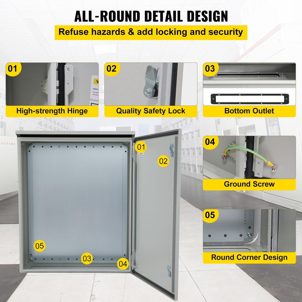 Electrical Enclosure, 24\'\' x 24\'\' x 12\'\', NEMA 4 Outdoor Enclosure, IP65 Waterproof & Dustproof Cold-Rolled Carbon Steel Hinged Junction Box for Outdoor Indoor Use, with Rain