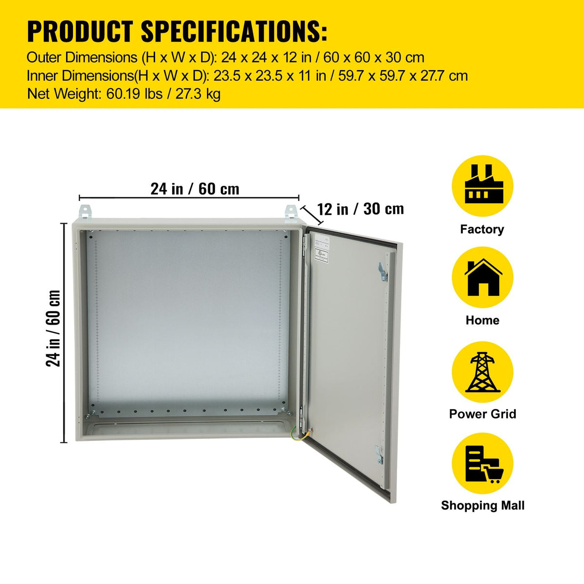 Electrical Enclosure, 24\'\' x 24\'\' x 12\'\', NEMA 4 Outdoor Enclosure, IP65 Waterproof & Dustproof Cold-Rolled Carbon Steel Hinged Junction Box for Outdoor Indoor Use, with Rain