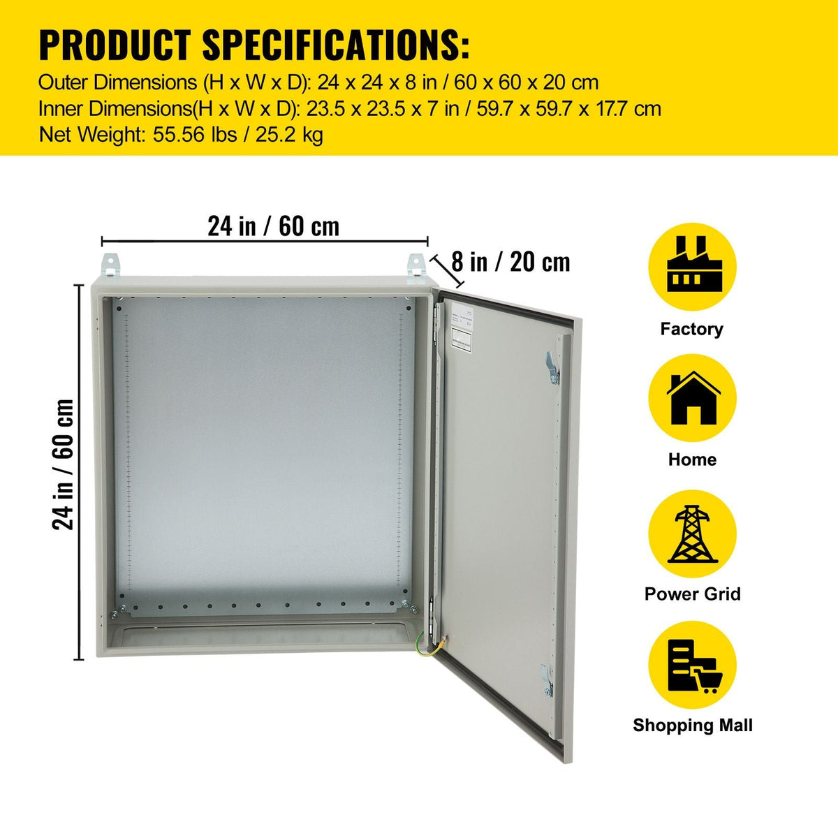 Electrical Enclosure, 24\'\' x 24\'\' x 8\'\', NEMA 4 Outdoor Enclosure, IP65 Waterproof & Dustproof Cold-Rolled Carbon Steel Hinged Junction Box for Outdoor Indoor Use, with Rain H