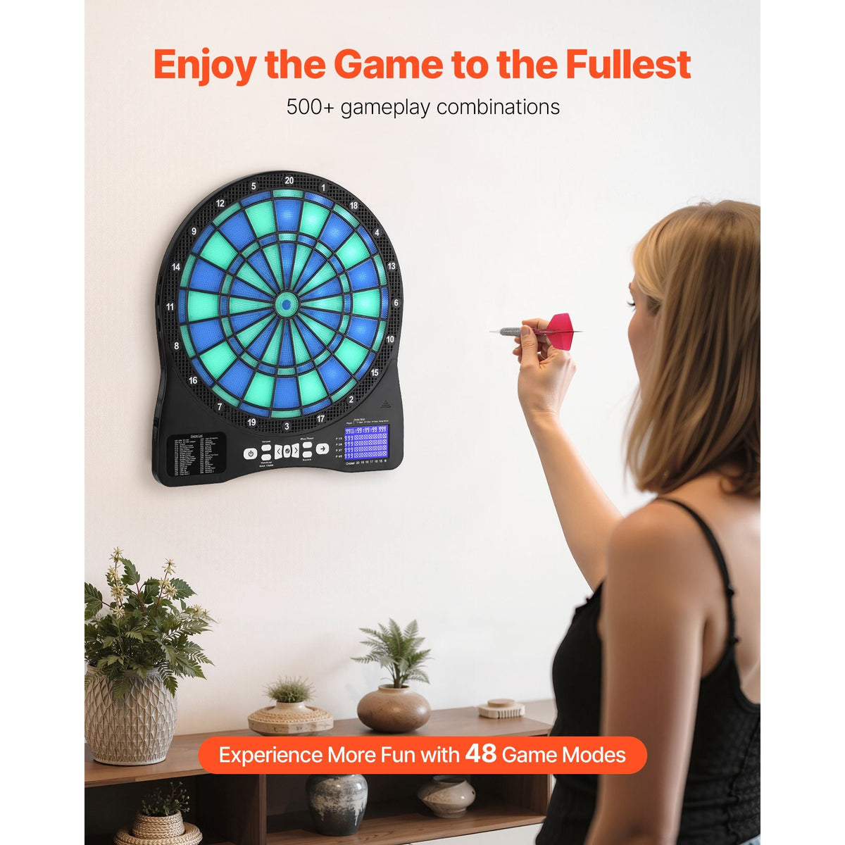 Electronic Dart Board, LED-Illuminated Target Dartboard with 48 Games & 500+ Variations, Includes 6 Dart Shafts with Flights & 50 Soft Tips, Cricket Scoring LCD Screen - Supports Up to 8 Players