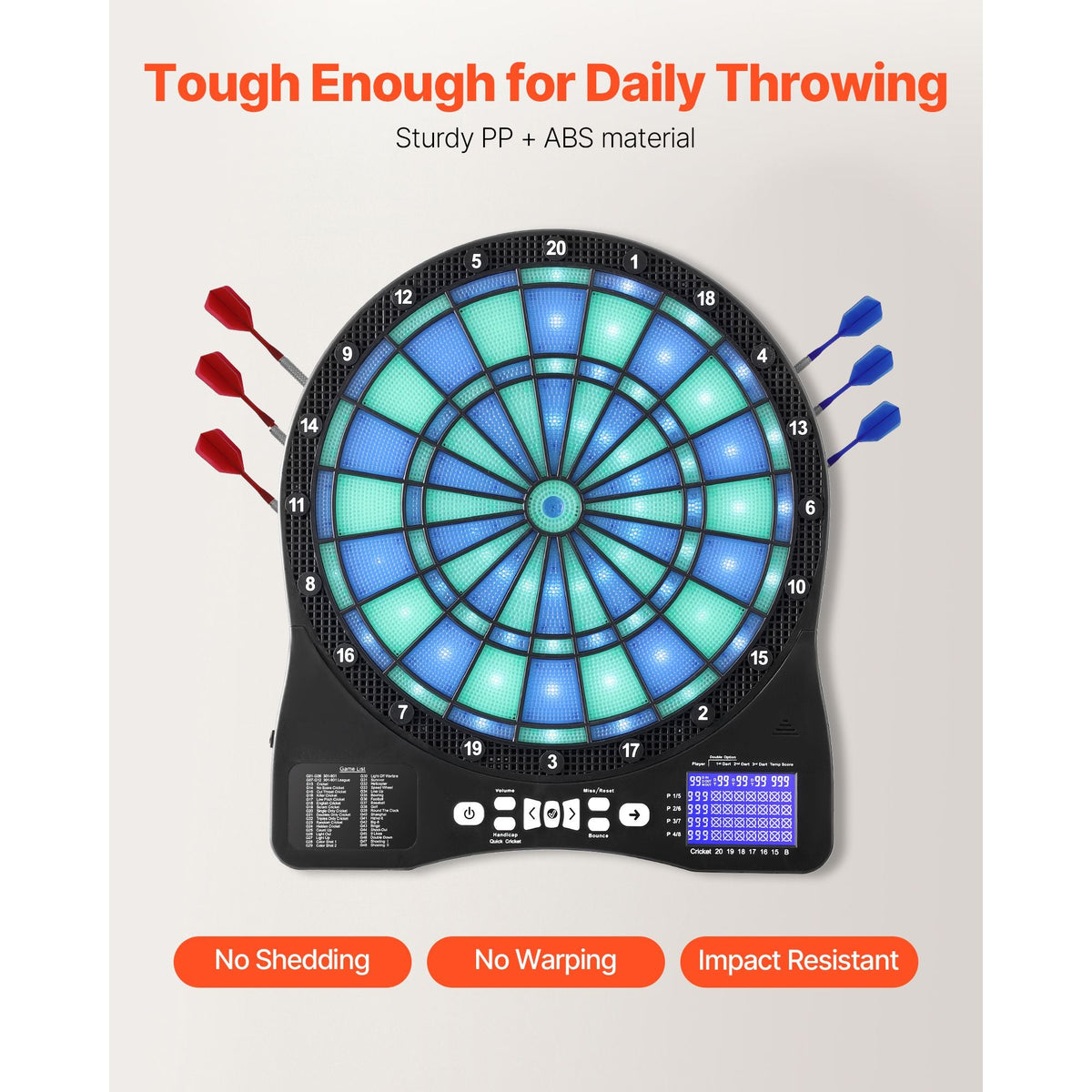 Electronic Dart Board, LED-Illuminated Target Dartboard with 48 Games & 500+ Variations, Includes 6 Dart Shafts with Flights & 50 Soft Tips, Cricket Scoring LCD Screen - Supports Up to 8 Players