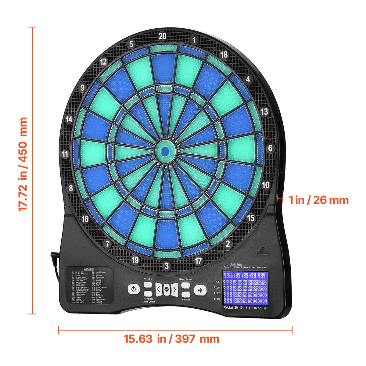 Electronic Dart Board, LED-Illuminated Target Dartboard with 48 Games & 500+ Variations, Includes 6 Dart Shafts with Flights & 50 Soft Tips, Cricket Scoring LCD Screen - Supports Up to 8 Players