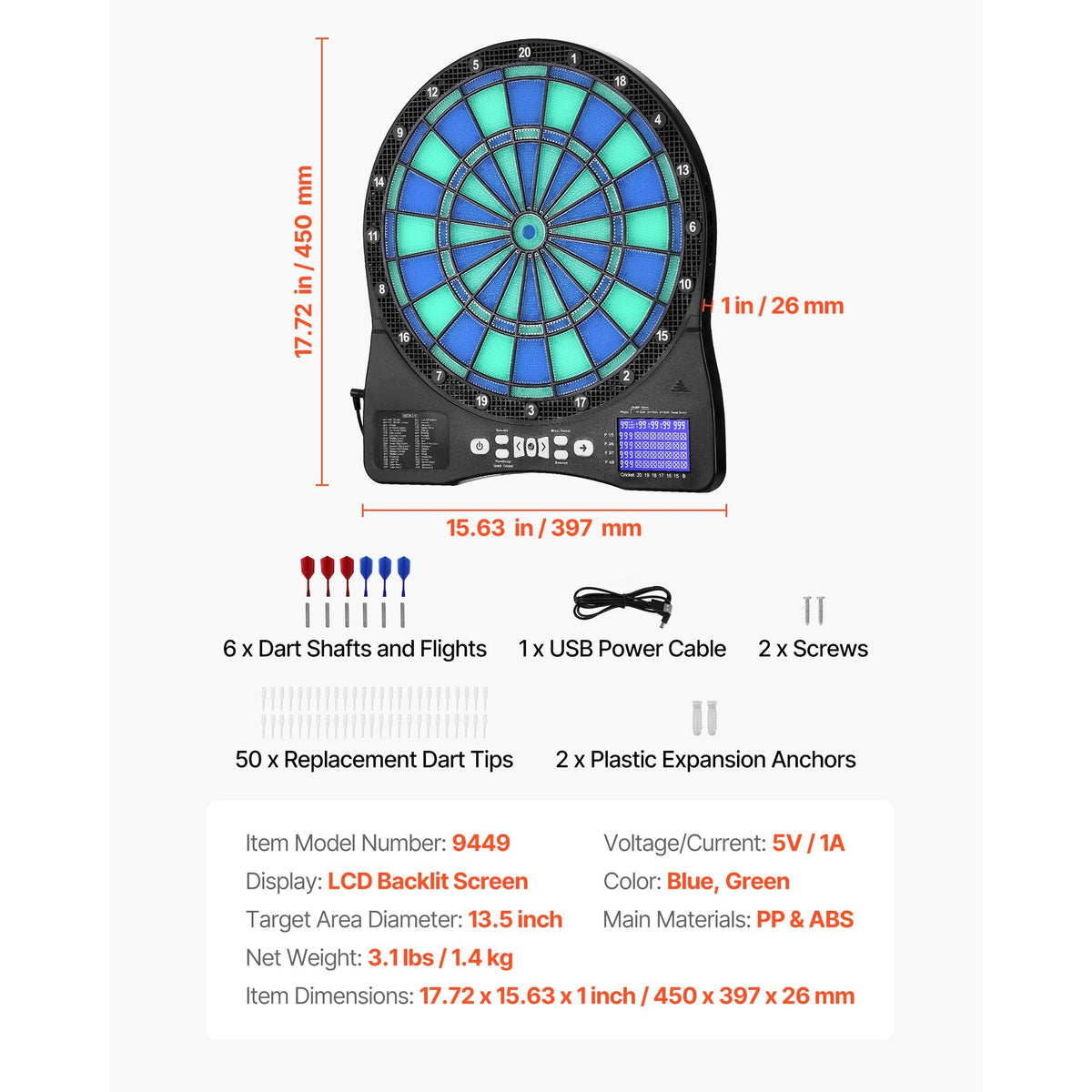 Electronic Dart Board, LED-Illuminated Target Dartboard with 48 Games & 500+ Variations, Includes 6 Dart Shafts with Flights & 50 Soft Tips, Cricket Scoring LCD Screen - Supports Up to 8 Players