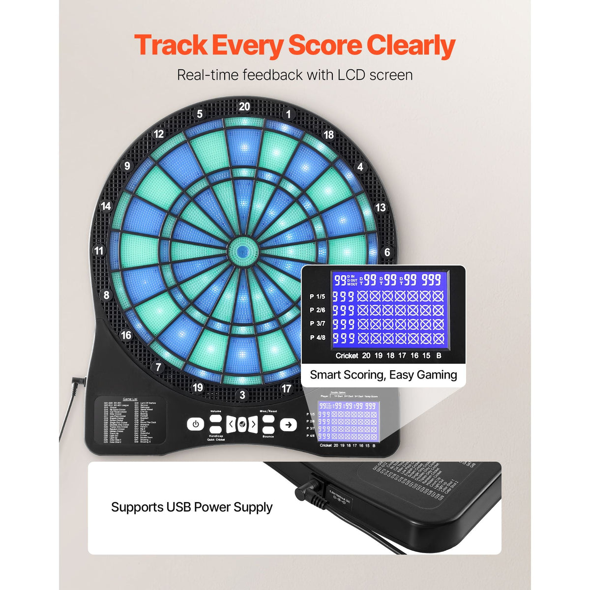 Electronic Dart Board, LED-Illuminated Target Dartboard with 48 Games & 500+ Variations, Includes 6 Dart Shafts with Flights & 50 Soft Tips, Cricket Scoring LCD Screen - Supports Up to 8 Players