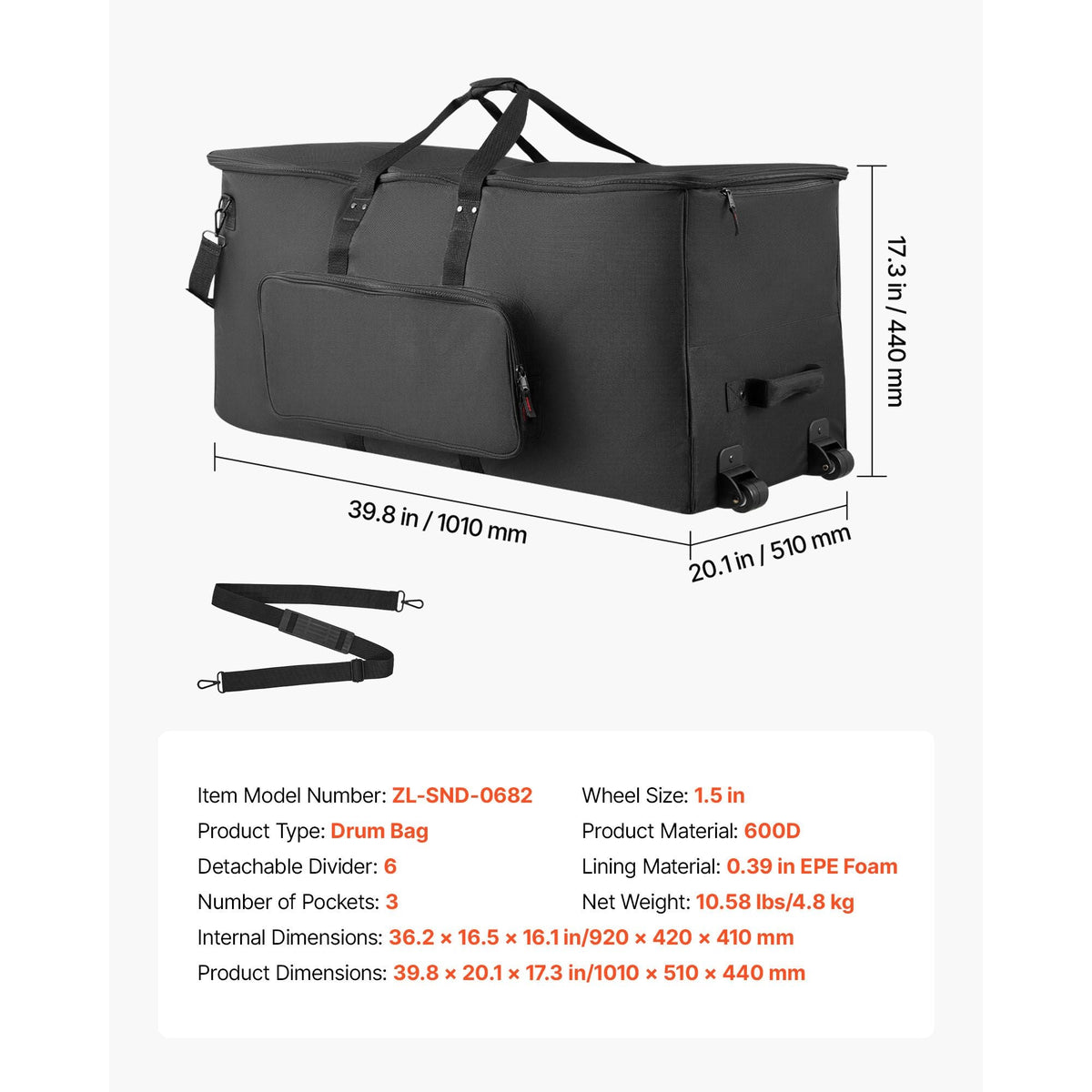 Electronic Drum Kit Bag, 600D, Padded Drum Bag with Wheels, Large 36.2 x 16.5 x 16.1 in Interior, Lightweight Travel Case with Detachable Dividers, Multiple Pockets, for Electric Drums, Black