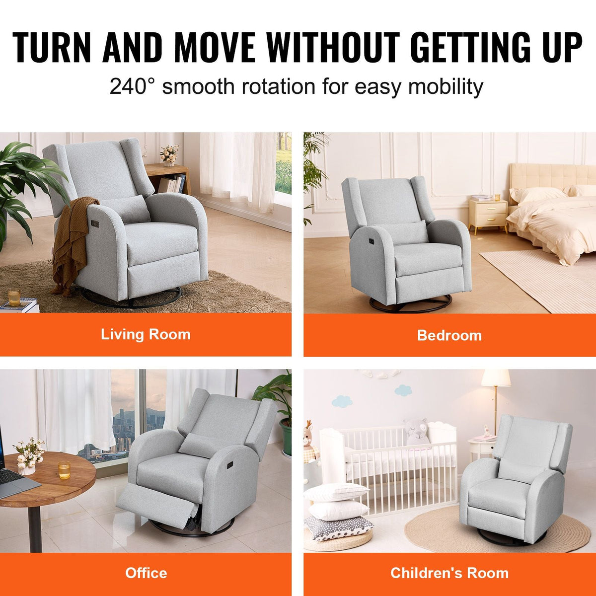 Electronic Power Recliner and Swivel Glider, 250 lbs Weight Capacity Swivel Glider Recliner Chair with USB Port, Polyester Surface Swivel Rocker Recliner for Living Room, Bedroom, Light Gray