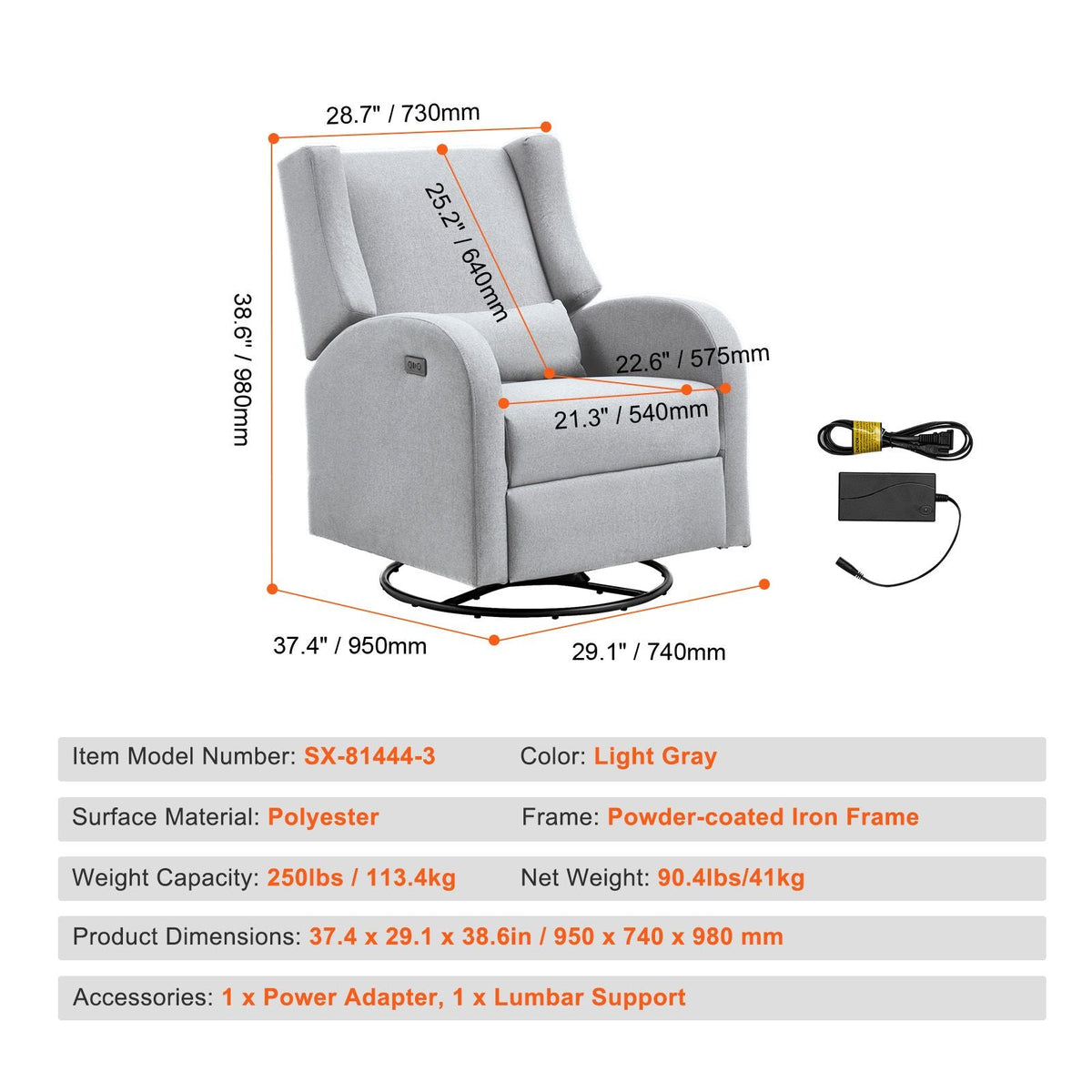 Electronic Power Recliner and Swivel Glider, 250 lbs Weight Capacity Swivel Glider Recliner Chair with USB Port, Polyester Surface Swivel Rocker Recliner for Living Room, Bedroom, Light Gray