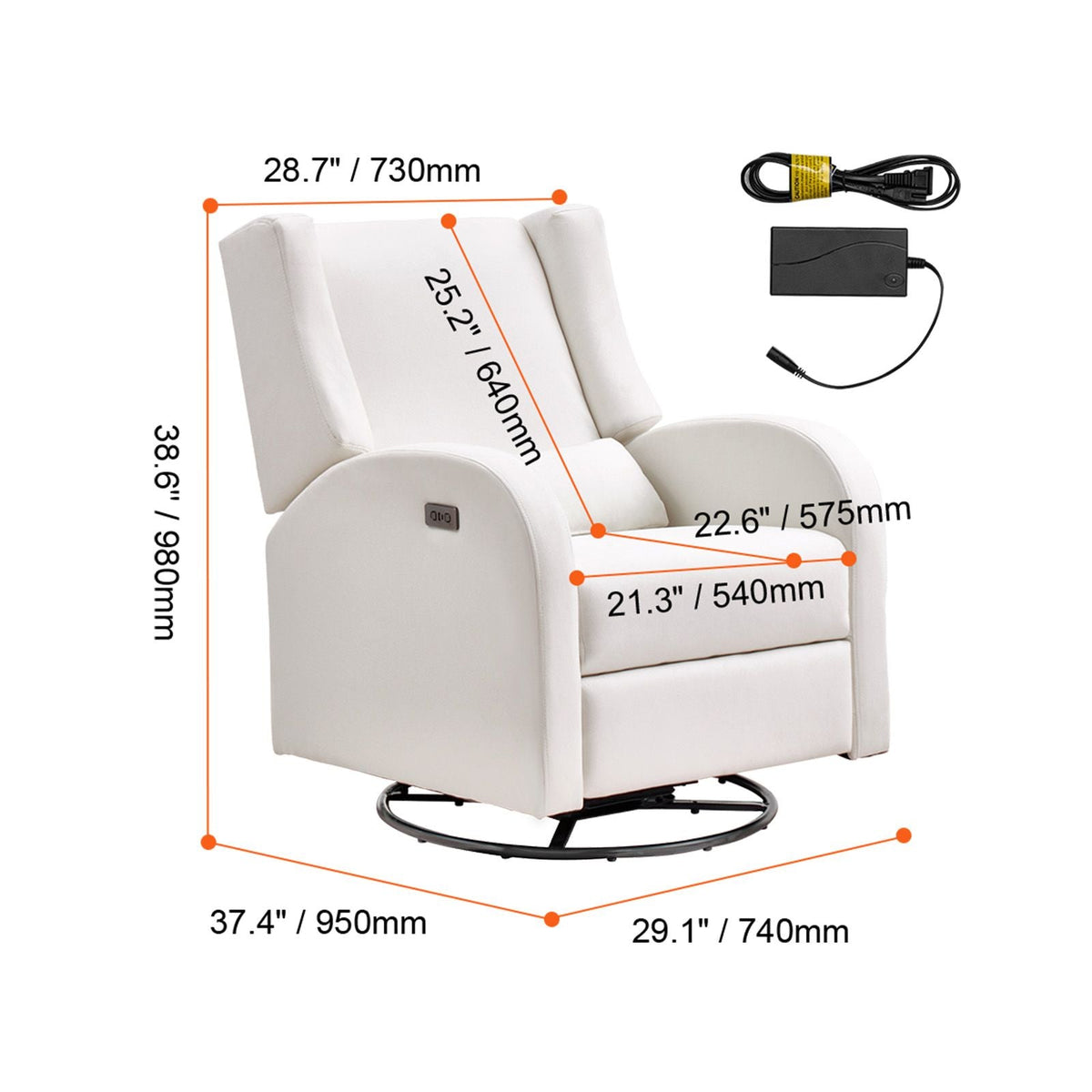 Electronic Power Recliner and Swivel Glider, 250 lbs Weight Capacity Swivel Glider Recliner Chair with USB Port, Polyester Surface Swivel Rocker Recliner for Living Room, Bedroom, Off White