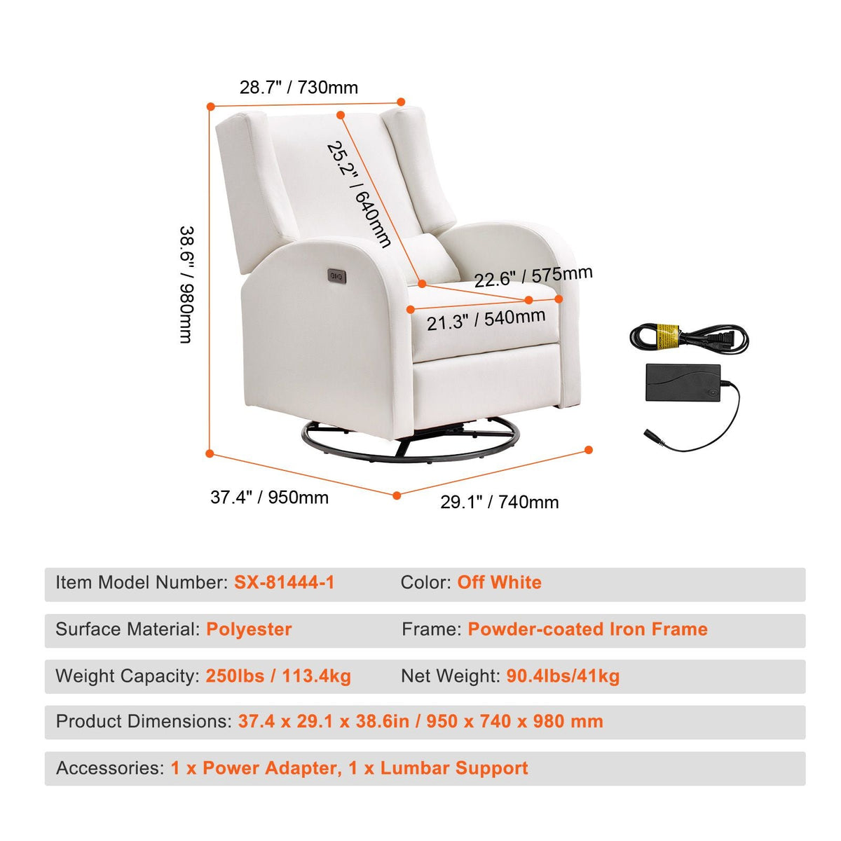 Electronic Power Recliner and Swivel Glider, 250 lbs Weight Capacity Swivel Glider Recliner Chair with USB Port, Polyester Surface Swivel Rocker Recliner for Living Room, Bedroom, Off White
