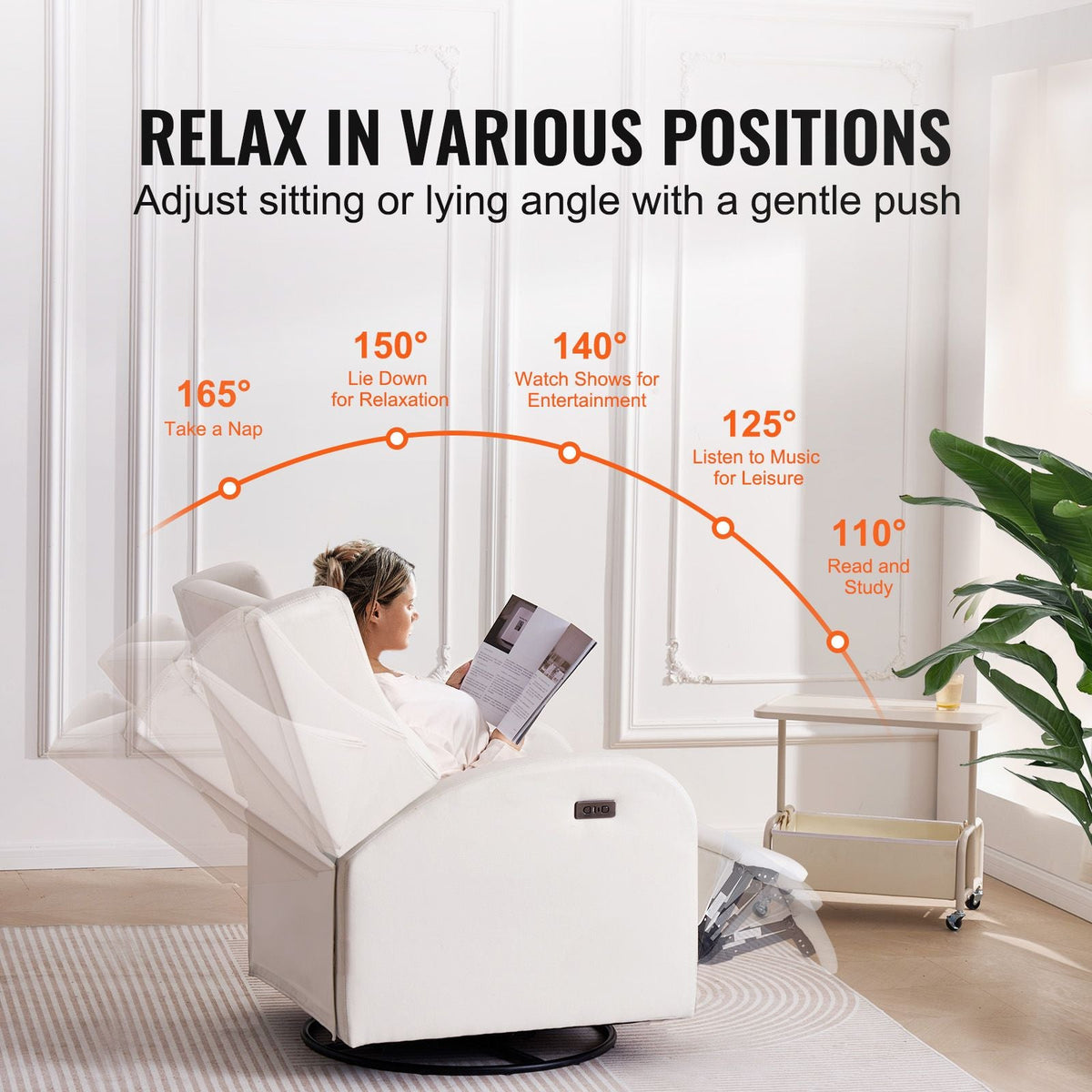 Electronic Power Recliner and Swivel Glider, 250 lbs Weight Capacity Swivel Glider Recliner Chair with USB Port, Polyester Surface Swivel Rocker Recliner for Living Room, Bedroom, Off White