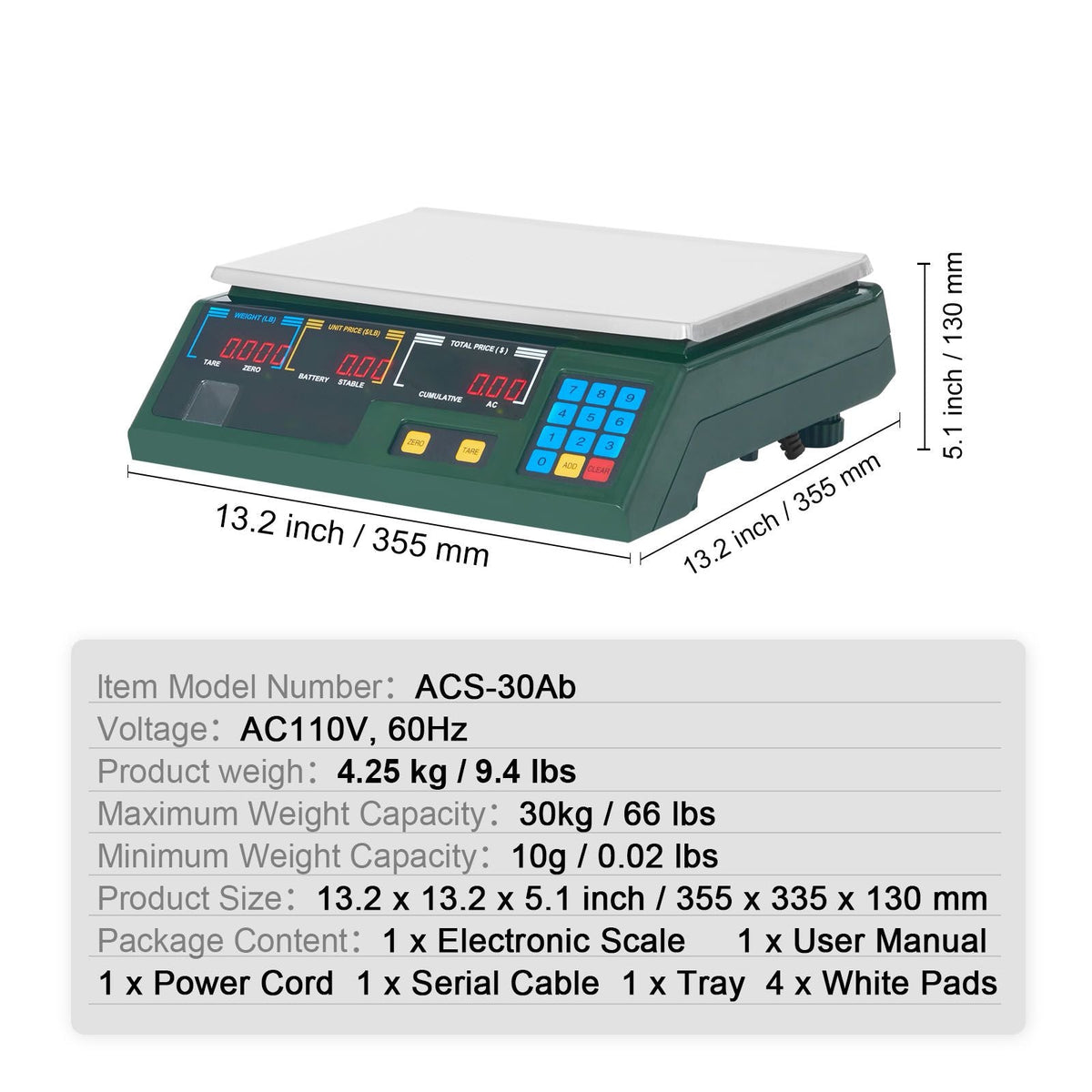 Electronic Price Computing Scale, 66 LB Digital Deli Weight Scales, LED Digital Commercial Food Fruit Meat Produce Counting Weight, for Retail Outlet Store, Kitchen, Restaurant Market, Farmer