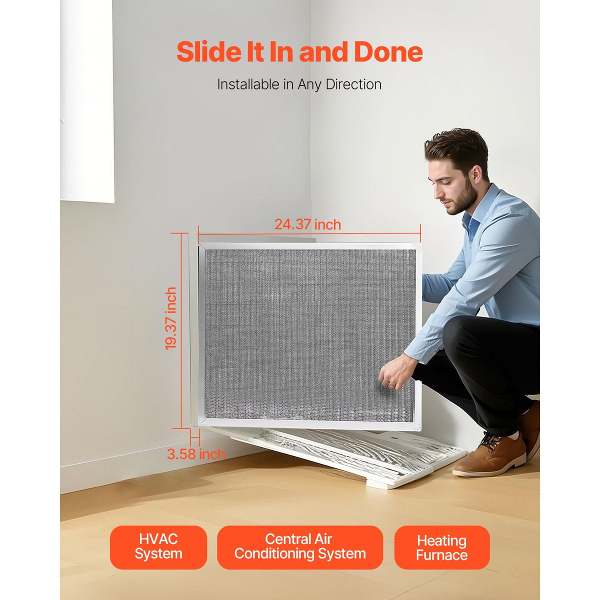 Electrostatic Air Filter, 20x25x4 inch Washable & Reusable Aluminum AC/HVAC Furnace Filter, MERV 8 Long Lifetime, Home or Office (Actual Size: 19.37 x 24.37 x 3.58 in)