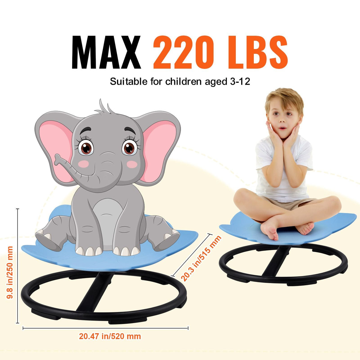 Elephant Kids Swivel Chair, 220 LBS Capacity, 360° Spinning Chair, Autistic Kids Sensory Toy Chair with Non-Slip Metal Base, Toddler Sit and Spin Chair for Coordination Balance Focus Blue