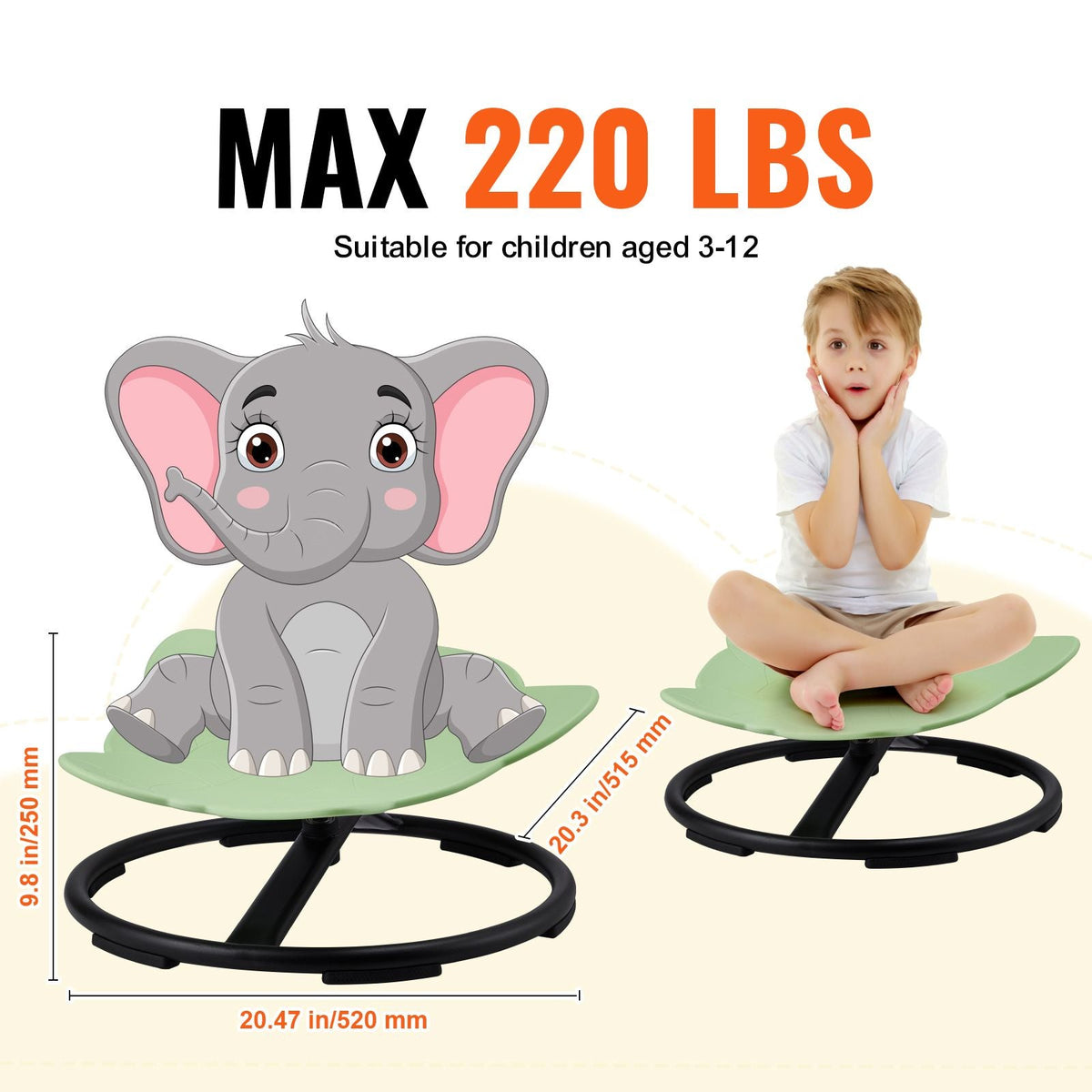 Elephant Kids Swivel Chair, 220 LBS Capacity, 360° Spinning Chair, Autistic Kids Sensory Toy Chair with Non-Slip Metal Base, Toddler Sit and Spin Chair for Coordination Balance Focus Green