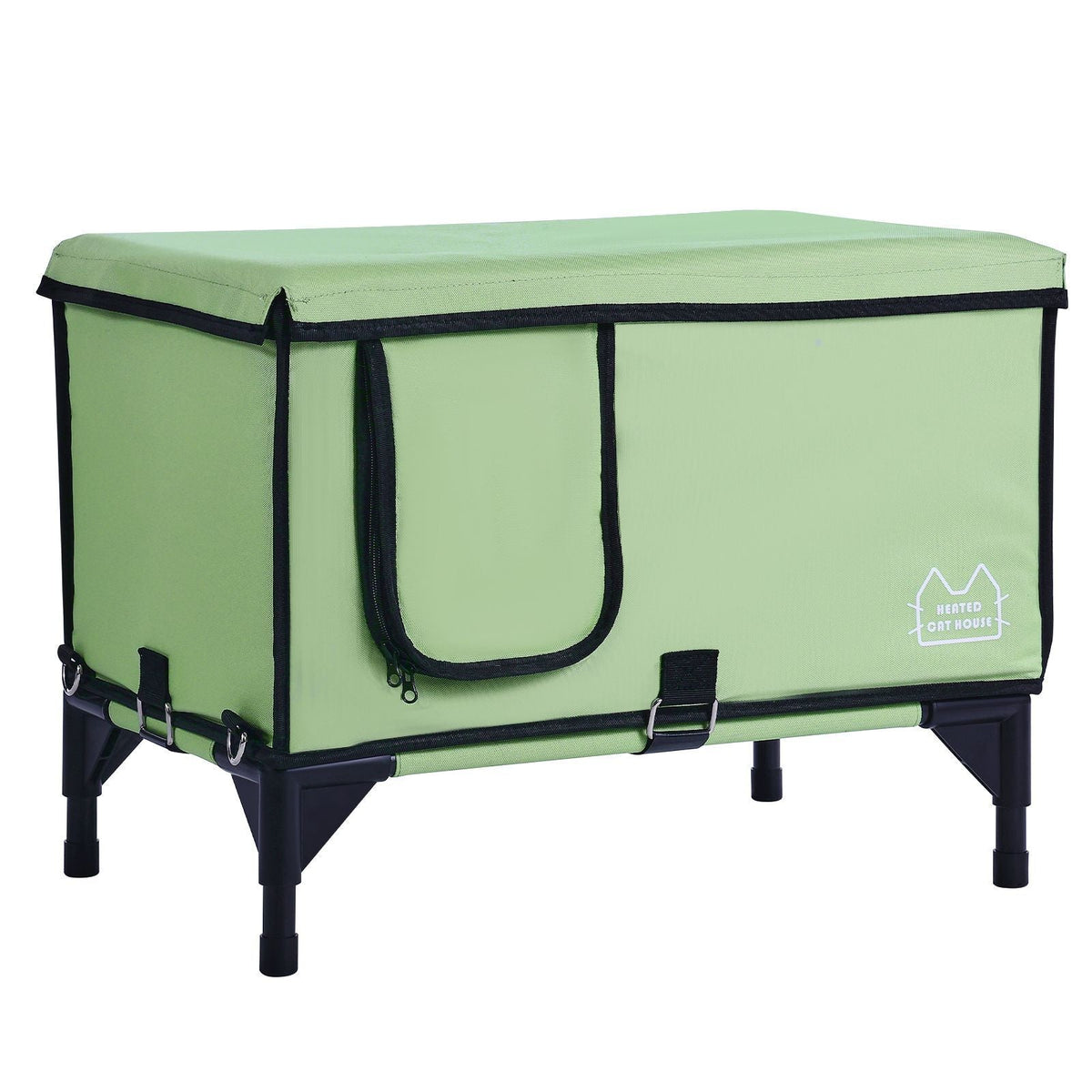 Elevated Heated Cat House, Cuboid Kitty Shelter with Adjustable Temperature and Timer, 900D Oxford Cloth Foldable Cat Shelter with Heated Pad for Winter to Stay Warm and Cozy, Green (Middle)