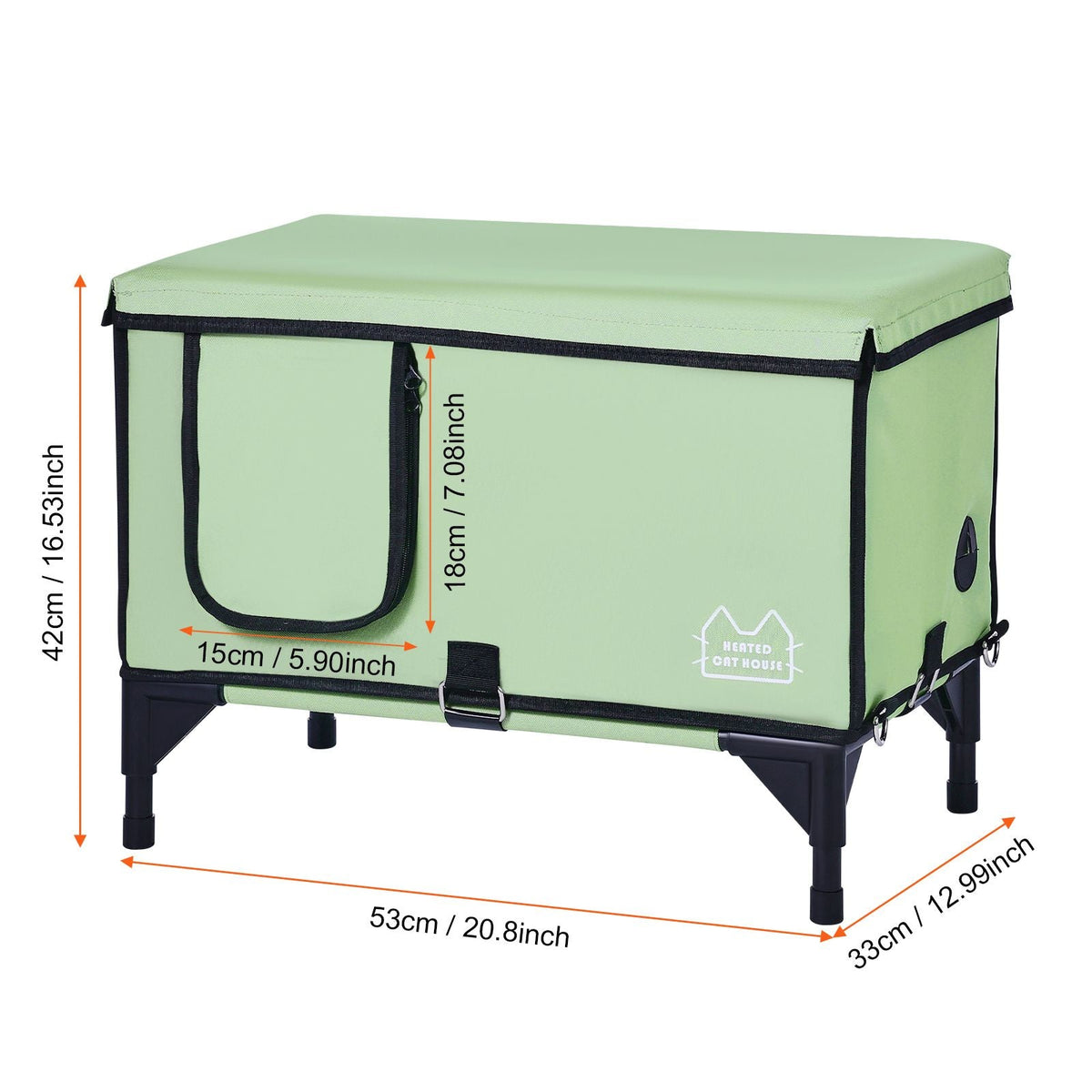 Elevated Heated Cat House, Cuboid Kitty Shelter with Adjustable Temperature and Timer, 900D Oxford Cloth Foldable Cat Shelter with Heated Pad for Winter to Stay Warm and Cozy, Green (Middle)