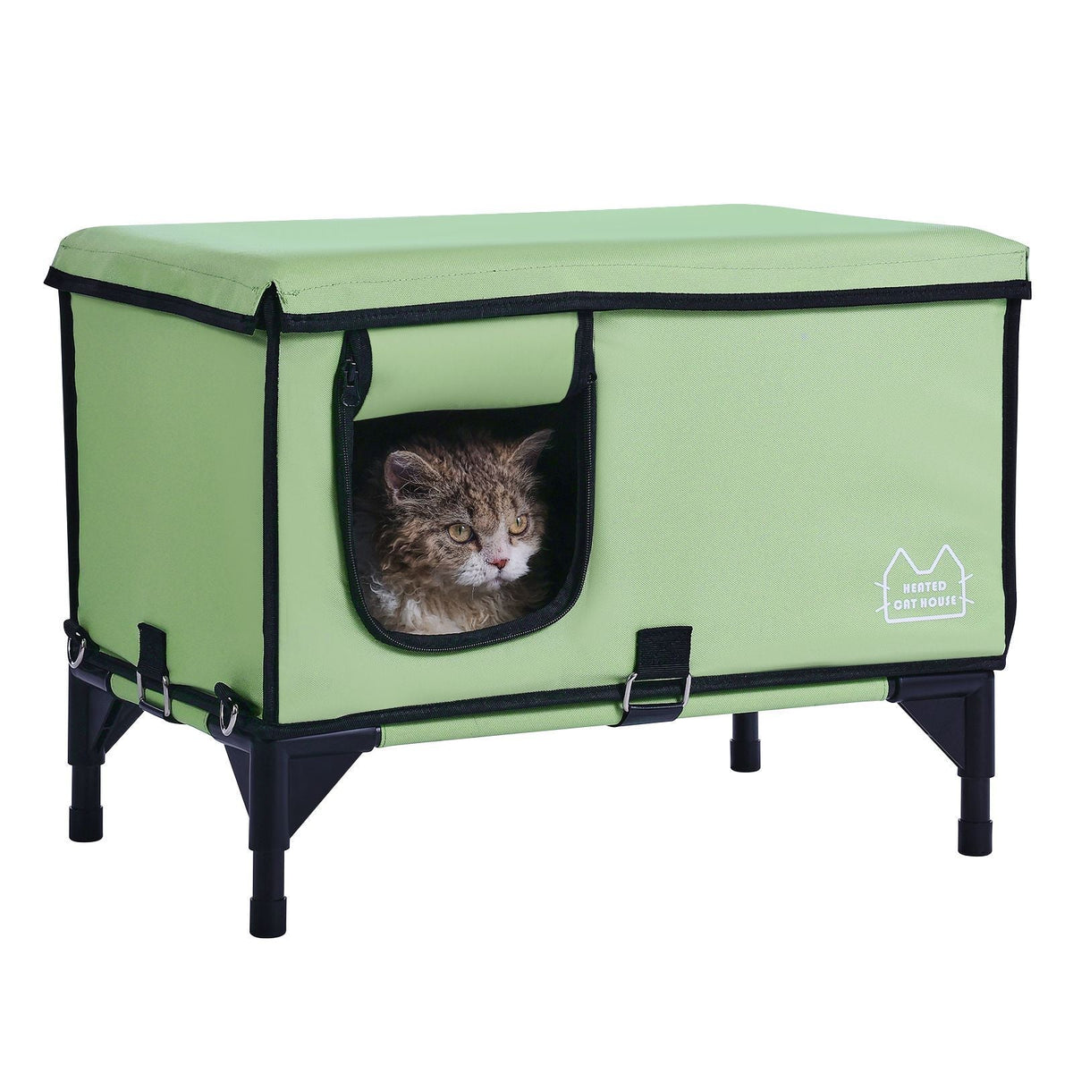 Elevated Heated Cat House, Cuboid Kitty Shelter with Adjustable Temperature and Timer, 900D Oxford Cloth Foldable Cat Shelter with Heated Pad for Winter to Stay Warm and Cozy, Green (Middle)