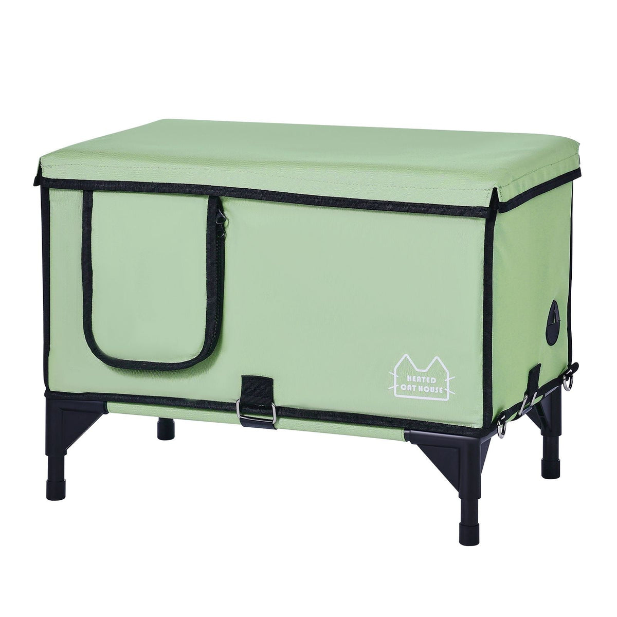 Elevated Heated Cat House, Cuboid Kitty Shelter with Adjustable Temperature and Timer, 900D Oxford Cloth Foldable Cat Shelter with Heated Pad for Winter to Stay Warm and Cozy, Green (Middle)