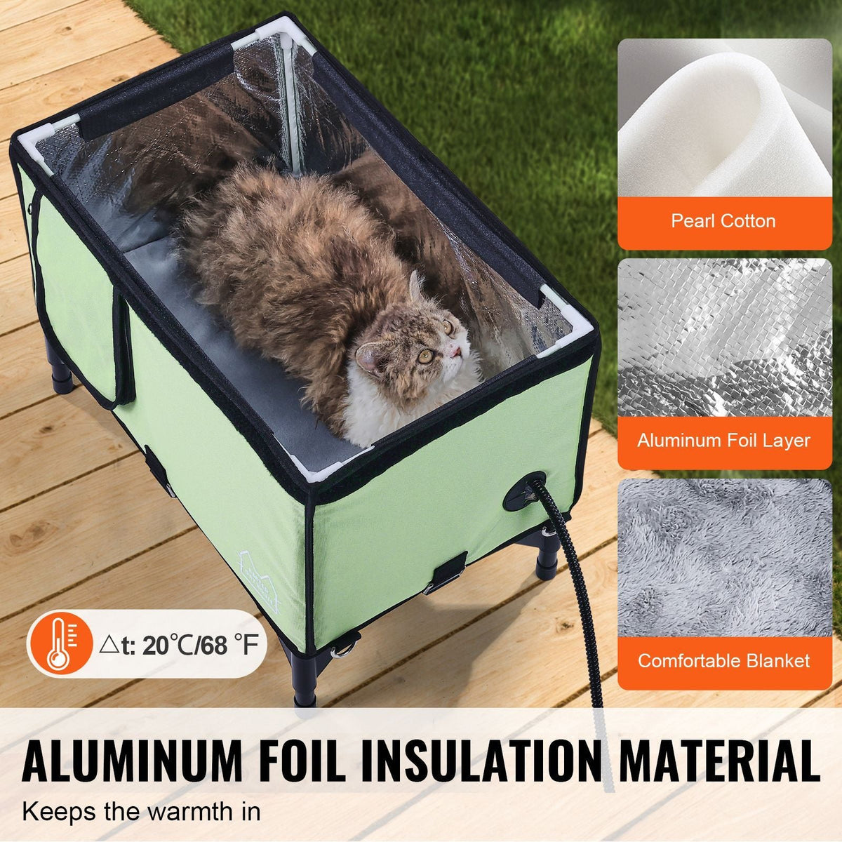 Elevated Heated Cat House, Cuboid Kitty Shelter with Adjustable Temperature and Timer, 900D Oxford Cloth Foldable Cat Shelter with Heated Pad for Winter to Stay Warm and Cozy, Green (Middle)