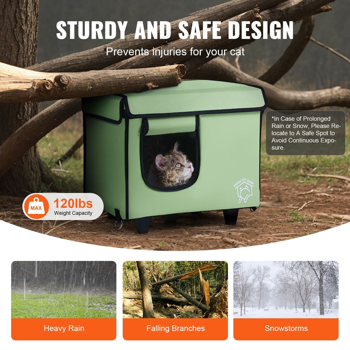Elevated Heated Cat House, Cuboid Kitty Shelter with Adjustable Temperature and Timer, 900D Oxford Cloth Foldable Cat Shelter with Heated Pad for Winter to Stay Warm and Cozy, Green (Small)