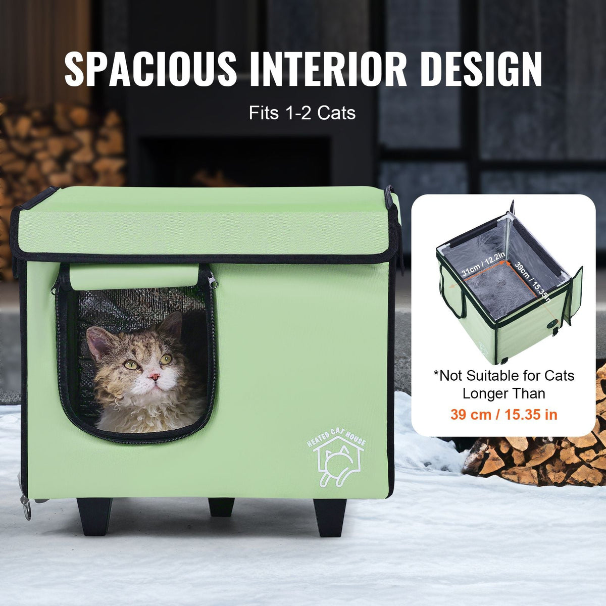 Elevated Heated Cat House, Cuboid Kitty Shelter with Adjustable Temperature and Timer, 900D Oxford Cloth Foldable Cat Shelter with Heated Pad for Winter to Stay Warm and Cozy, Green (Small)