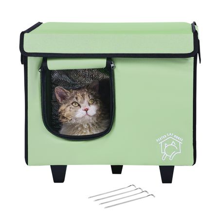 Elevated Heated Cat House, Cuboid Kitty Shelter with Adjustable Temperature and Timer, 900D Oxford Cloth Foldable Cat Shelter with Heated Pad for Winter to Stay Warm and Cozy, Green (Small)