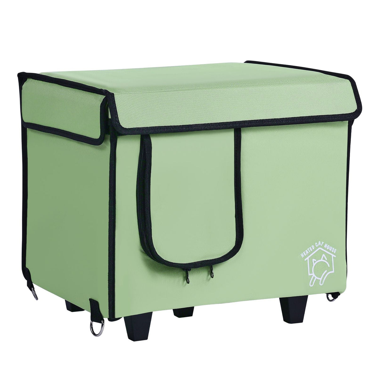 Elevated Heated Cat House, Cuboid Kitty Shelter with Adjustable Temperature and Timer, 900D Oxford Cloth Foldable Cat Shelter with Heated Pad for Winter to Stay Warm and Cozy, Green (Small)