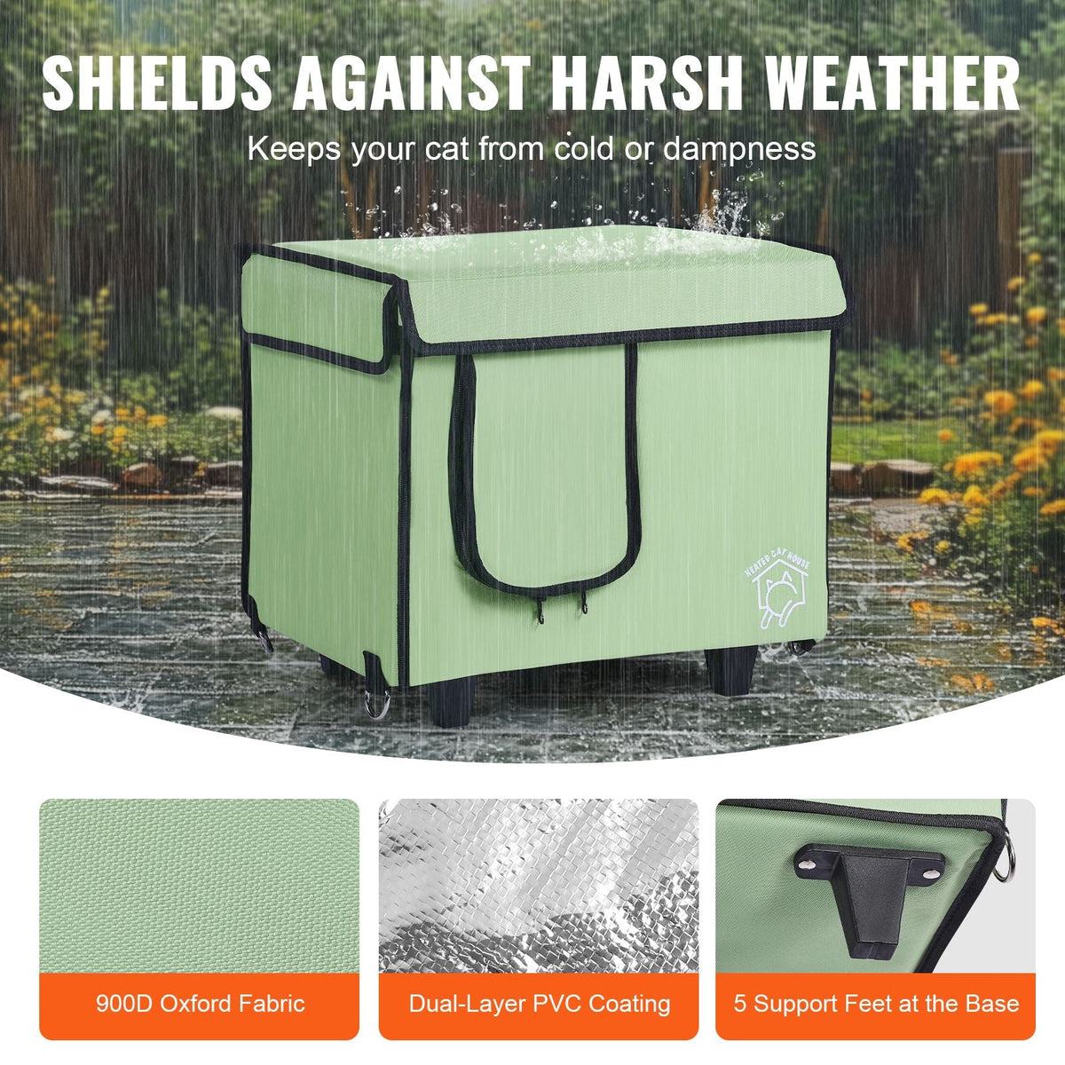 Elevated Heated Cat House, Cuboid Kitty Shelter with Adjustable Temperature and Timer, 900D Oxford Cloth Foldable Cat Shelter with Heated Pad for Winter to Stay Warm and Cozy, Green (Small)