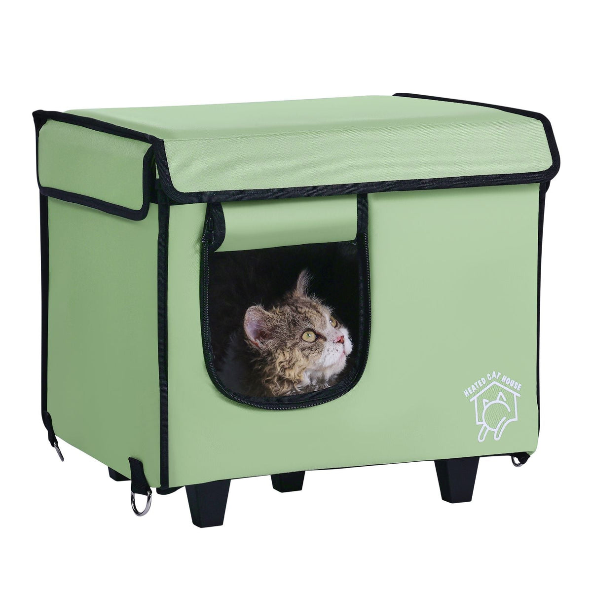 Elevated Heated Cat House, Cuboid Kitty Shelter with Adjustable Temperature and Timer, 900D Oxford Cloth Foldable Cat Shelter with Heated Pad for Winter to Stay Warm and Cozy, Green (Small)