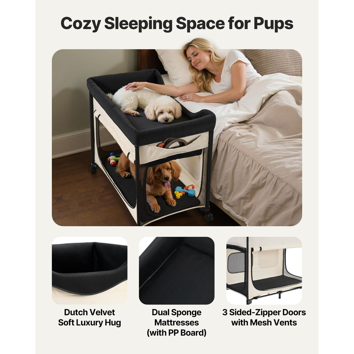 Elevated Lounge Pet Bed, Foldable Bunk Dog Bed with 600D Oxford Cloth and Dutch Velvet, Portable Raised Cot with Wheels, Side Storage Bags, and Carry Bag for Cats & Dogs, L, Beige