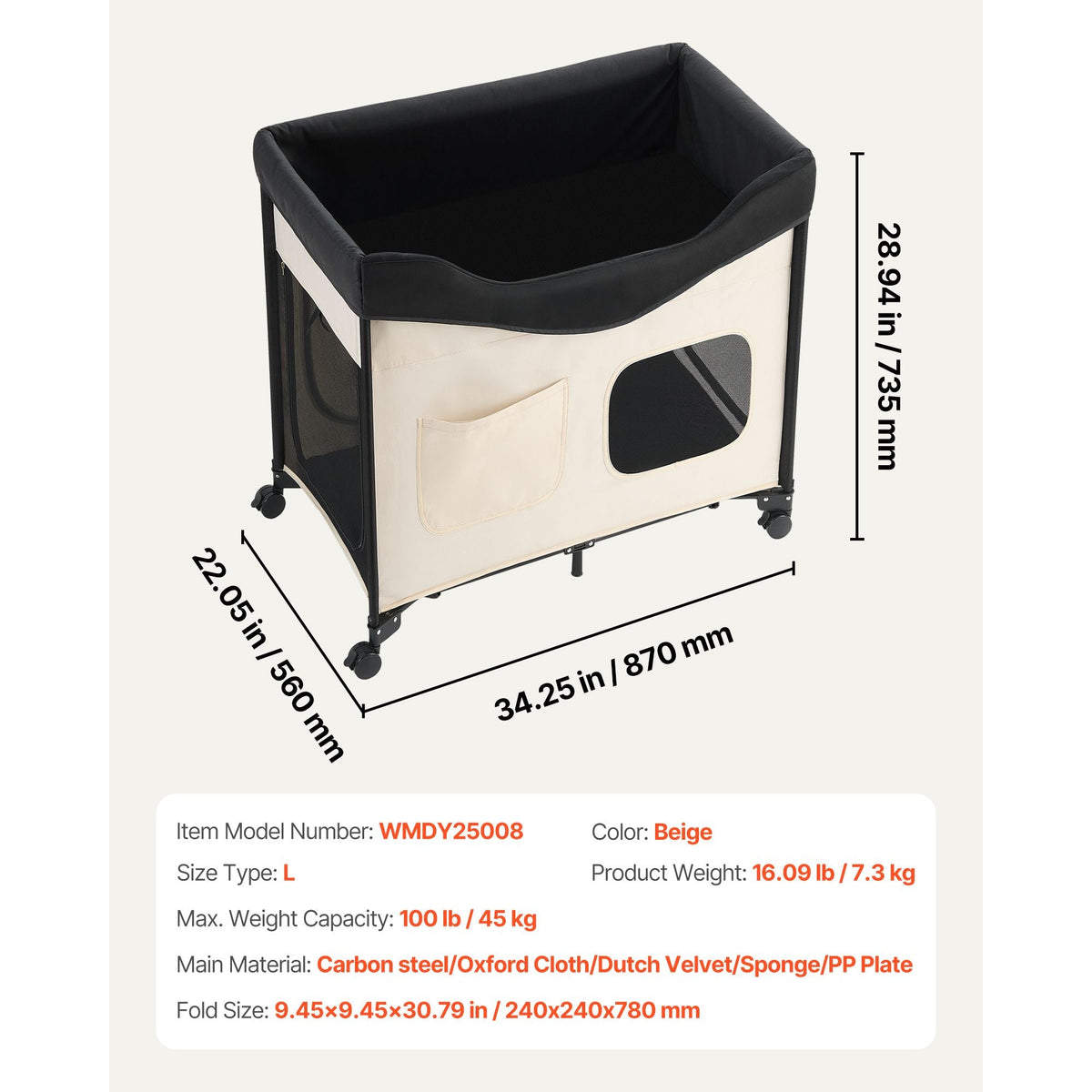Elevated Lounge Pet Bed, Foldable Bunk Dog Bed with 600D Oxford Cloth and Dutch Velvet, Portable Raised Cot with Wheels, Side Storage Bags, and Carry Bag for Cats & Dogs, L, Beige