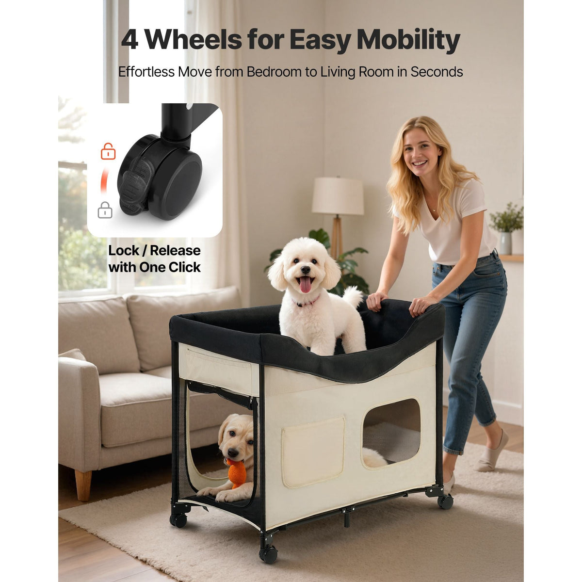 Elevated Lounge Pet Bed, Foldable Bunk Dog Bed with 600D Oxford Cloth and Dutch Velvet, Portable Raised Cot with Wheels, Side Storage Bags, and Carry Bag for Cats & Dogs, L, Beige