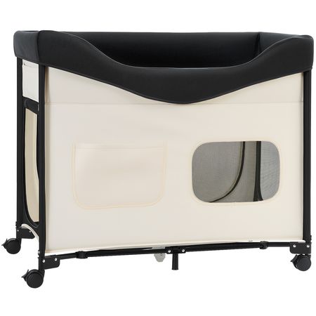 Elevated Lounge Pet Bed, Foldable Bunk Dog Bed with 600D Oxford Cloth and Dutch Velvet, Portable Raised Cot with Wheels, Side Storage Bags, and Carry Bag for Cats & Dogs, XL, Beige