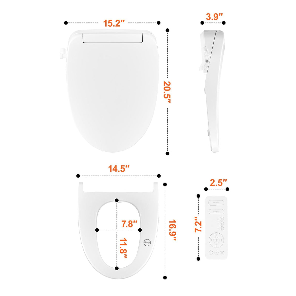 Elongated Bidet Toilet Seat, Remote Control Smart Toilet Seat for Existing Toilets, Electric Bidet Toilet Seat with Slow Close, Night Light, Self Cleaning, Air Dryer, Easy Installation, White