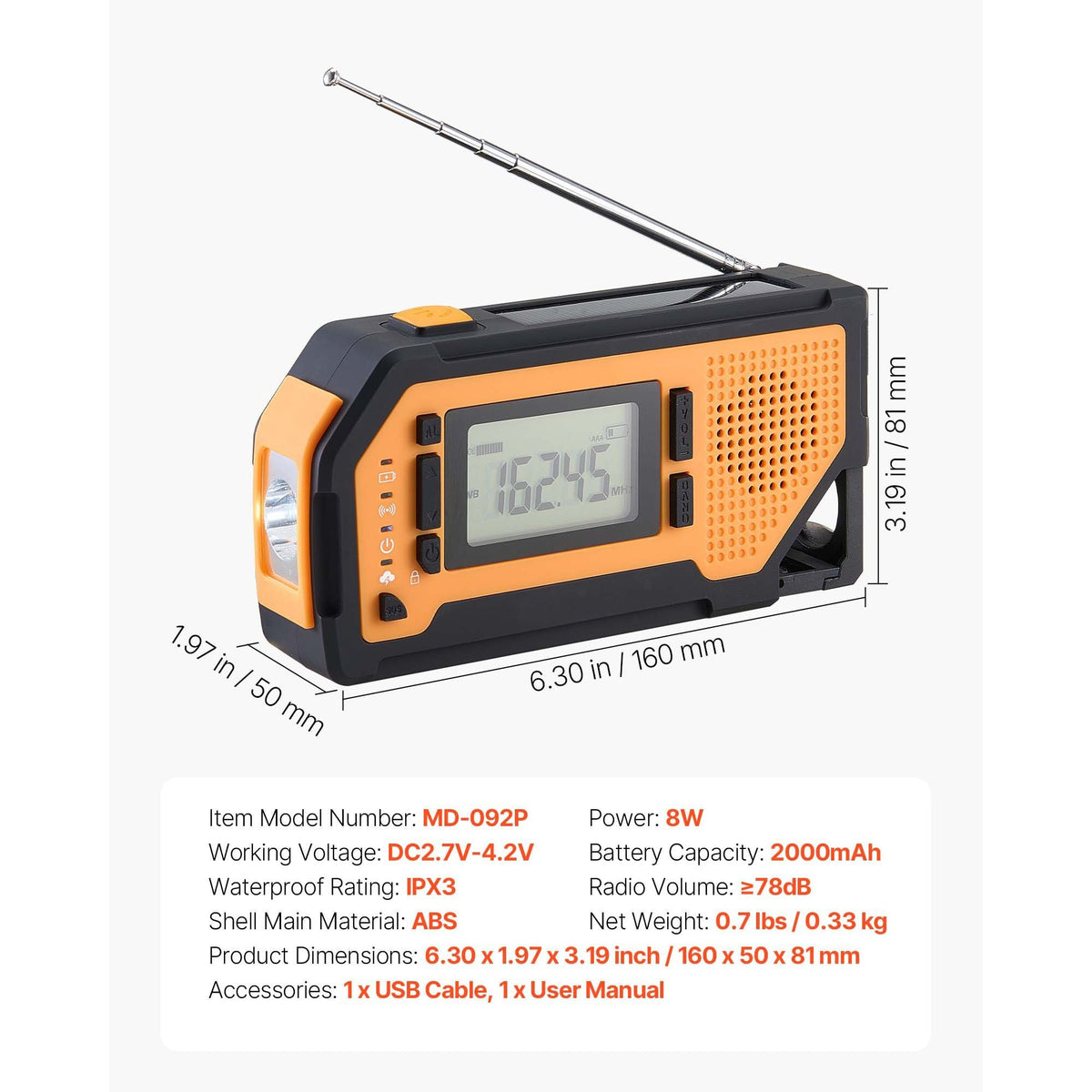 Emergency Weather Radio, 2000mAh Battery, FM/AM/WB/NOAA Alert Solar Hand Crank Emergency Radio, with USB Charging Cable, SOS Alarm and Flashlight, Portable for Outdoor Emergencies, Camping