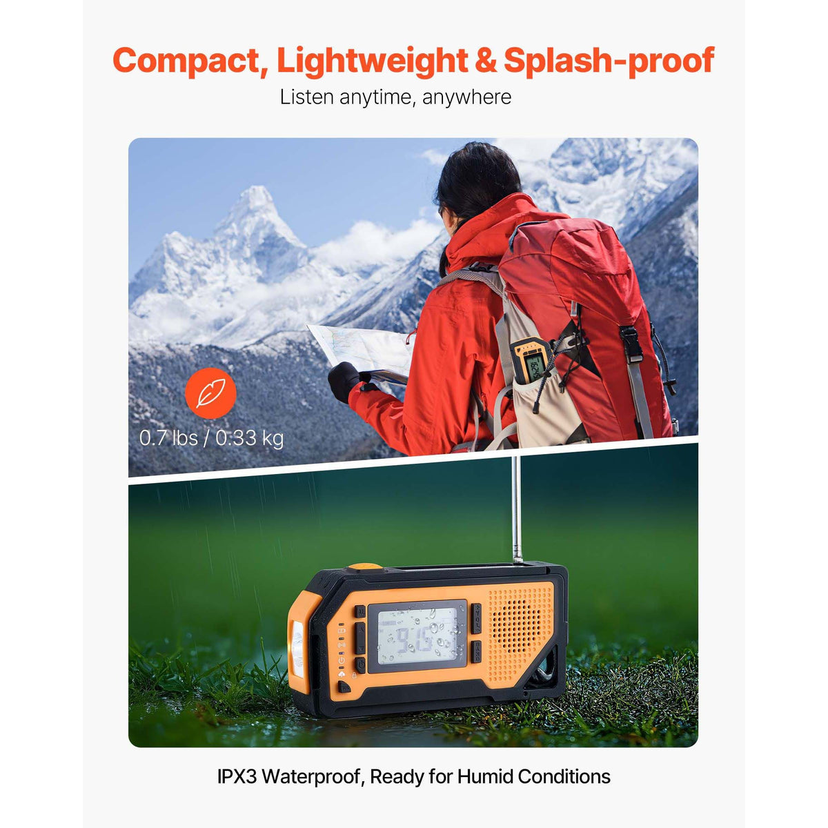 Emergency Weather Radio, 2000mAh Battery, FM/AM/WB/NOAA Alert Solar Hand Crank Emergency Radio, with USB Charging Cable, SOS Alarm and Flashlight, Portable for Outdoor Emergencies, Camping