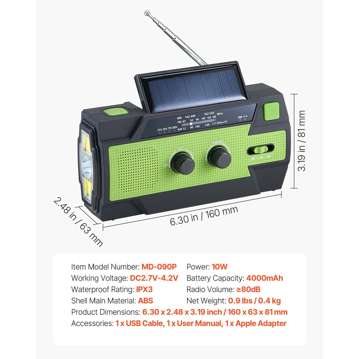 Emergency Weather Radio, 4000mAh Battery, FM/AM/WB/NOAA Alert Solar Hand Crank Emergency Radio, with USB Charging Cable, SOS Alarm and Flashlight, Portable for Outdoor Emergencies, Camping